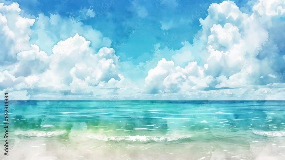 A watercolor-style illustration of a serene tropical beach with a clear blue sky and calm ocean waters A watercolor-style illustration of a serene tropical beach with a clear blue sky and calm ocean waters