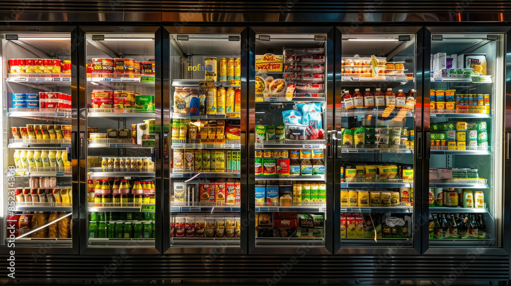 Obraz premium Freezer Shelves Stocked with Frozen Meat and Packed Lunch Boxes