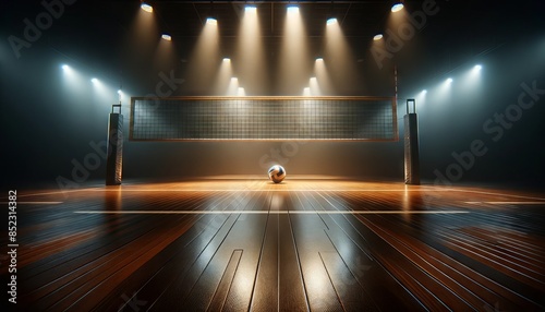 Empty indoor volleyball court with dramatic lighting in a sports hall