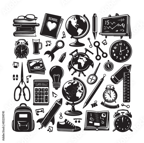 Back to School black glyph cartoon set. Learning school flat icon silhouette collection. First day school equipment, Education concept icon kit. Scissors, laptop, glasses book backpack, paints vector