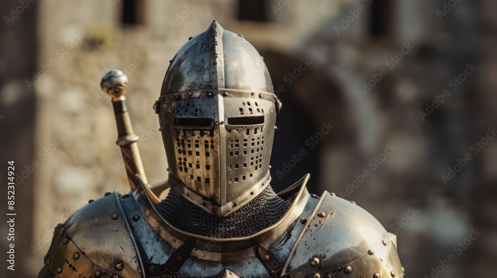 Naklejka premium A close-up shot of a knight in full medieval armor including a helmet with a visor, standing heroically
