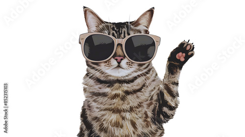 Friendly Feline: Tabby Cat Waves with a Paw, Cat in Shades: A Cool and Quirky Photo, Sunglasses-Wearing Cat: A Fun and Friendly Image, isolated transparent background. 
