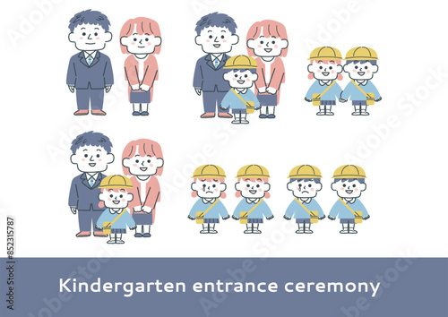 幼稚園、保育園に通う男の子女の子と両親のイラストセット