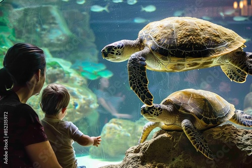 A family watching turtles at an aquarium on World Turtle Day photo