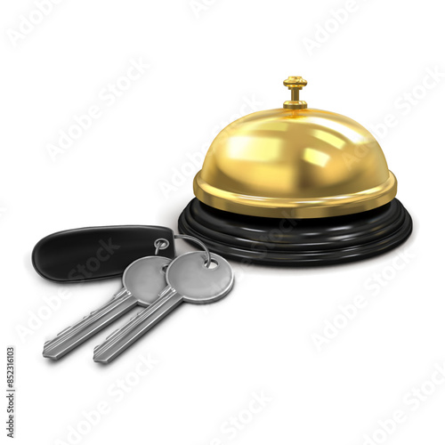 Mock Up. Two silver keys with a black keychain from the hotel room and hotel service bell gold color. Vector illustration isolated on white background.