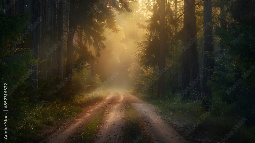 Fototapeta premium Sunbeams Illuminating a Misty Forest Path