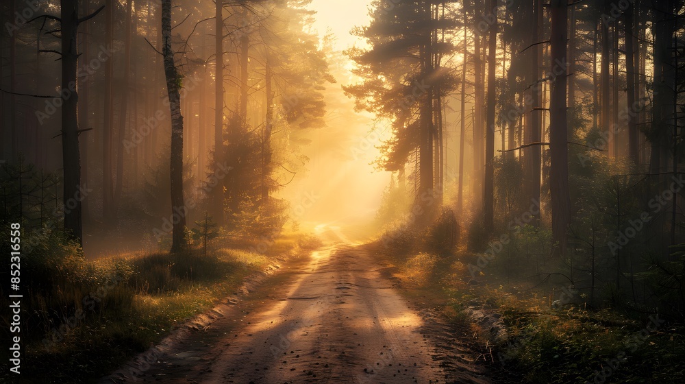 Obraz premium Sunrise Through the Trees on a Misty Forest Path