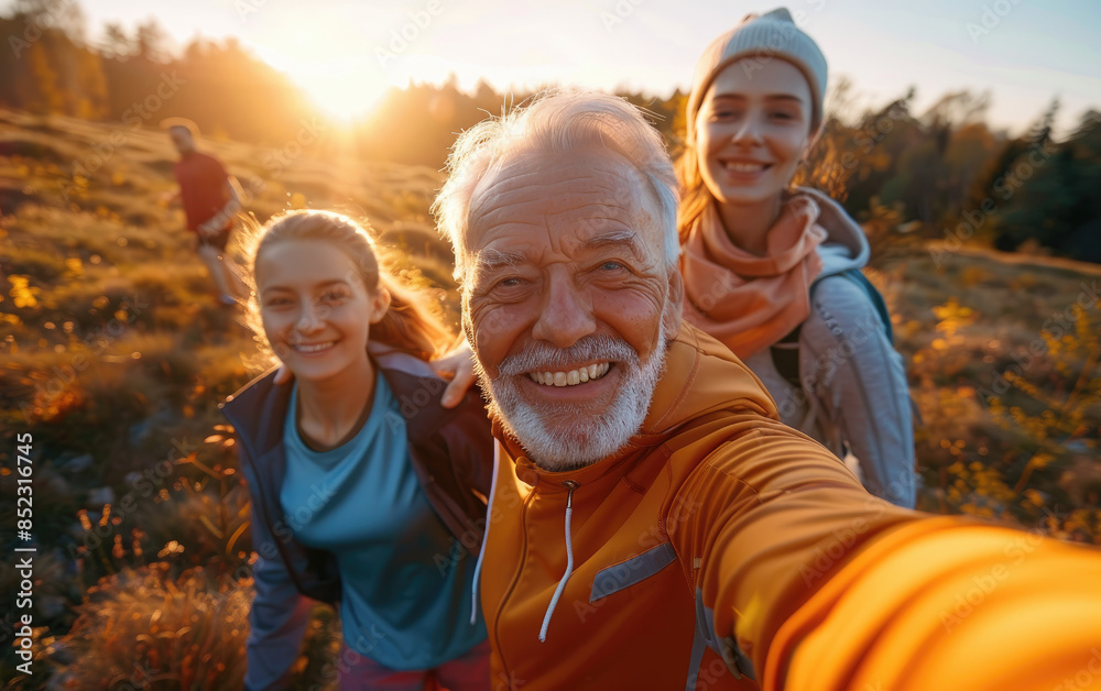 A group of people took a selfie with their elderly father at the park, wearing sportswear and smiling for the camera