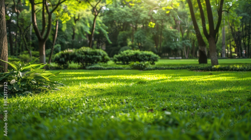 Fototapeta premium Sunlight filtering through trees in a lush park scene with well-maintained green grass and landscaping