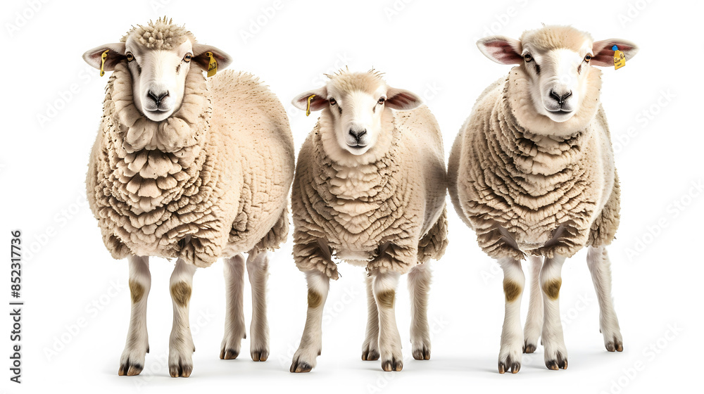 Three sheep isolated against a bright white background Three sheep isolated against a bright white background