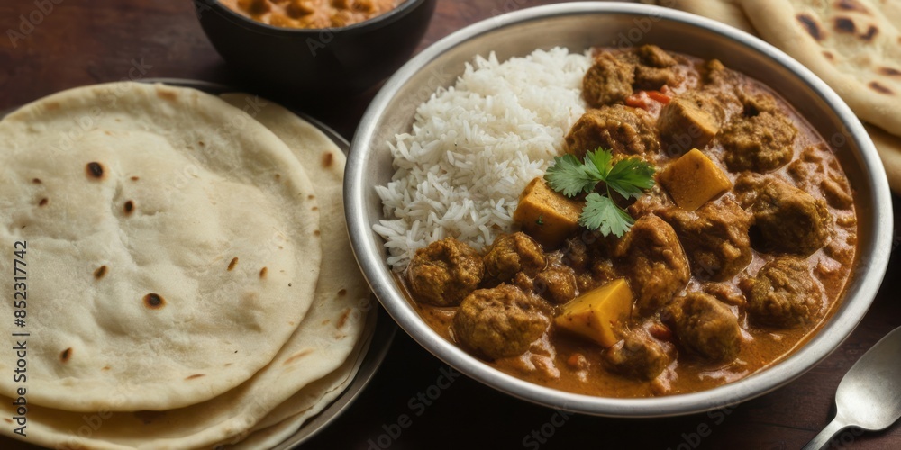 Indian Curry with Paneer, Rice, and Naan Indian Curry with Paneer, Rice, and Naan