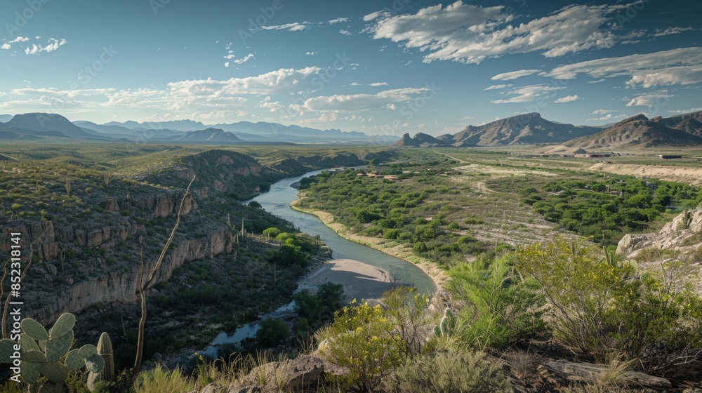 Aerial view of Rio Grande River flowing from New Mexico towards El Paso, Texas
