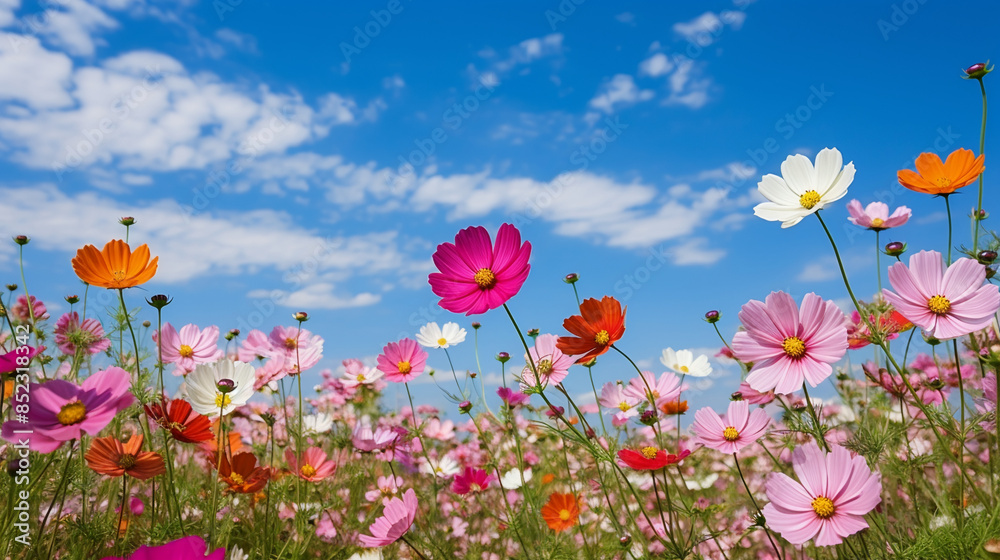 A field of colorful cosmos flowers, vibrant and lively against the backdrop of blue sky with white clouds. A field of colorful cosmos flowers, vibrant and lively against the backdrop of blue sky with white clouds.