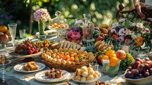 Al fresco dining spread with assorted dishes in vibrant colors against a rustic backdrop.