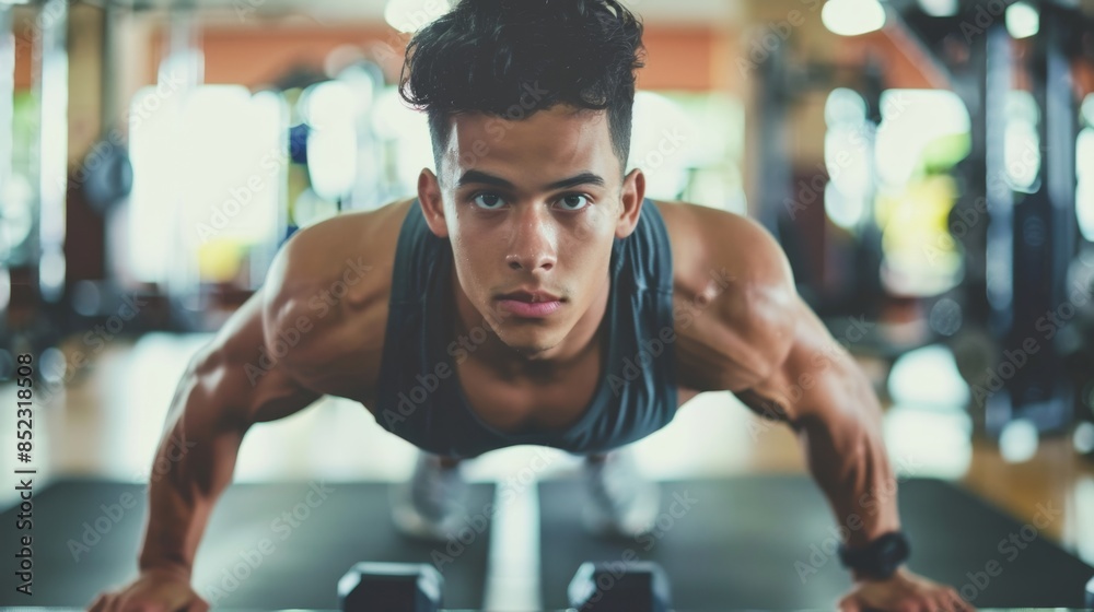 Athletic male performing push-ups in modern gym facility Athletic male performing push-ups in modern gym facility