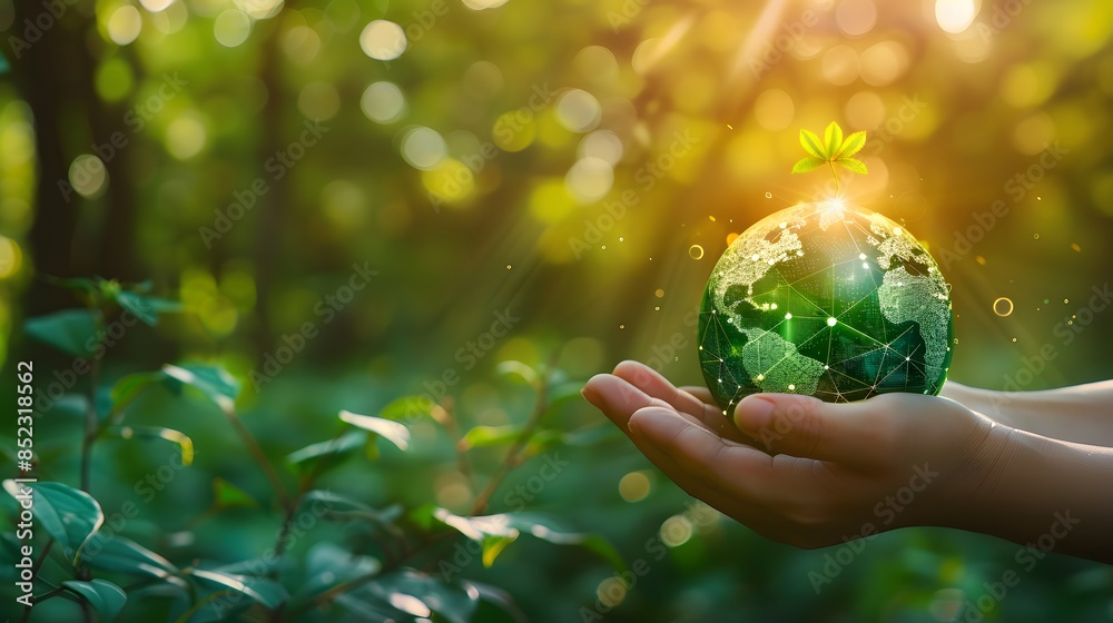 Hand holding green planet with leaves and technology network connection for environment protection concept, sustainable development , focus on hand with blurred background of nature forest. Hand holding green planet with leaves and technology network connection for environment protection concept, sustainable development , focus on hand with blurred background of nature forest.