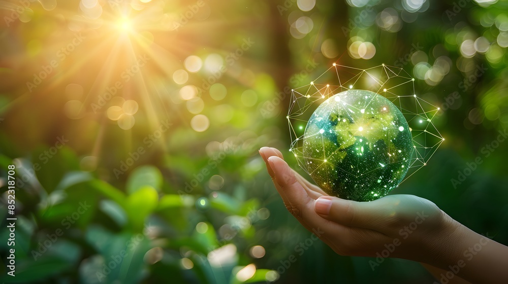 Hand holding green planet with leaves and technology network connection for environment protection concept, sustainable development , focus on hand with blurred background of nature forest. Hand holding green planet with leaves and technology network connection for environment protection concept, sustainable development , focus on hand with blurred background of nature forest.