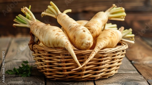 Close up of fresh parsnips in wicker basket on wooden table