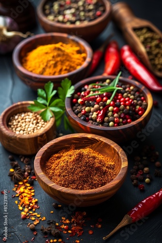 Assorted Spices and Herbs in Wooden Bowls on Dark Background with Fresh Red Chili Peppers and Green Herbs, Culinary Ingredients for Cooking and Food Preparation, Vibrant and Colorful Display