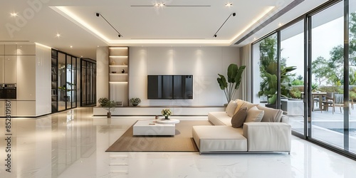 Luxurious modern living room panorama: White sofa and TV unit in spacious setting with luxury interior design