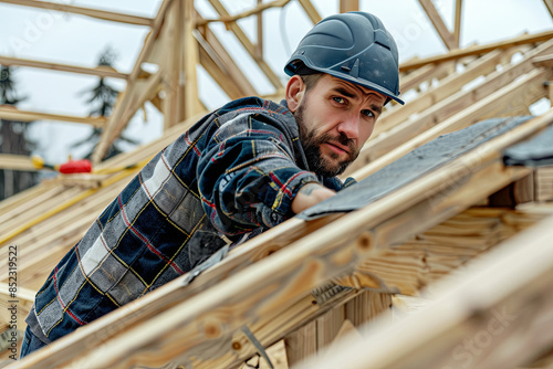 Male roofer or carpenter working on the roof structure of a building at a construction site, demonstrating skilled labor and craftsmanship