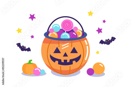 ハロウィンのお菓子が入ったカボチャのバケツのイラスト