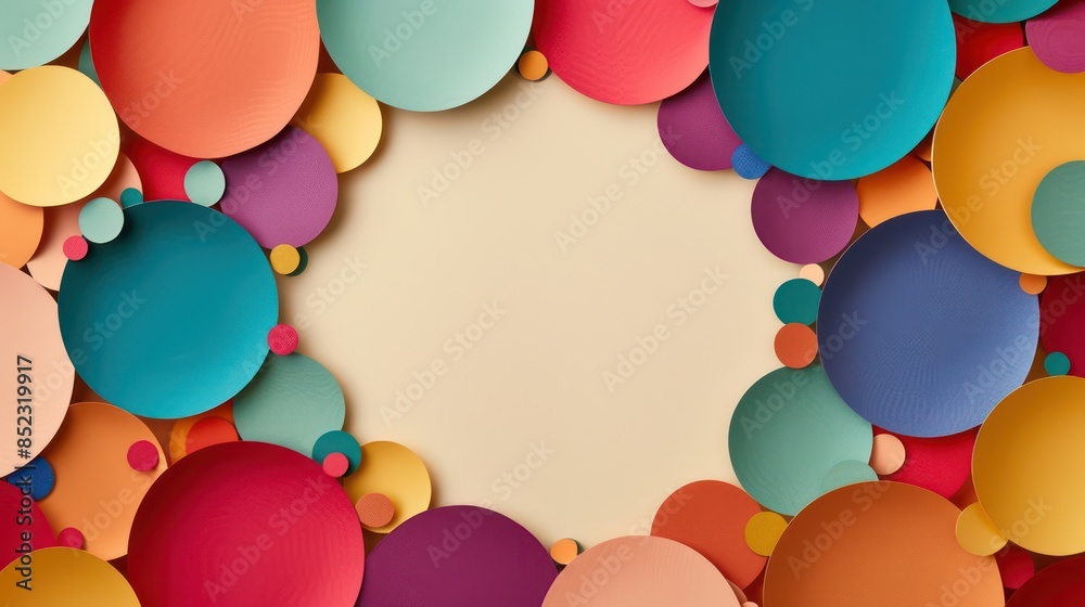 A vibrant assortment of multicolored paper circles of various sizes arranged on a beige background with a central empty space