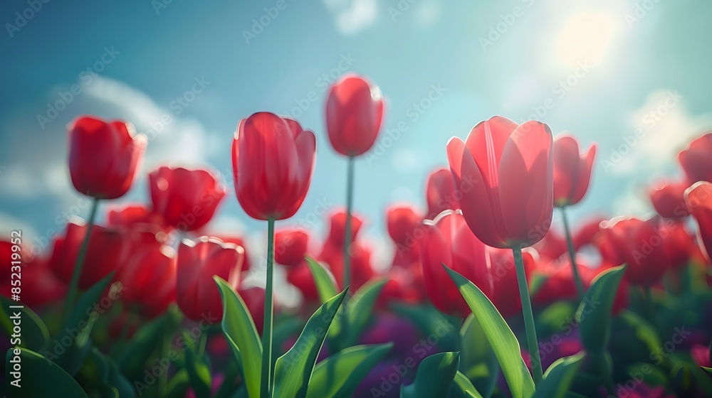 Red tulips in the sun, sky background, low angle view, wide shot, bright colors.