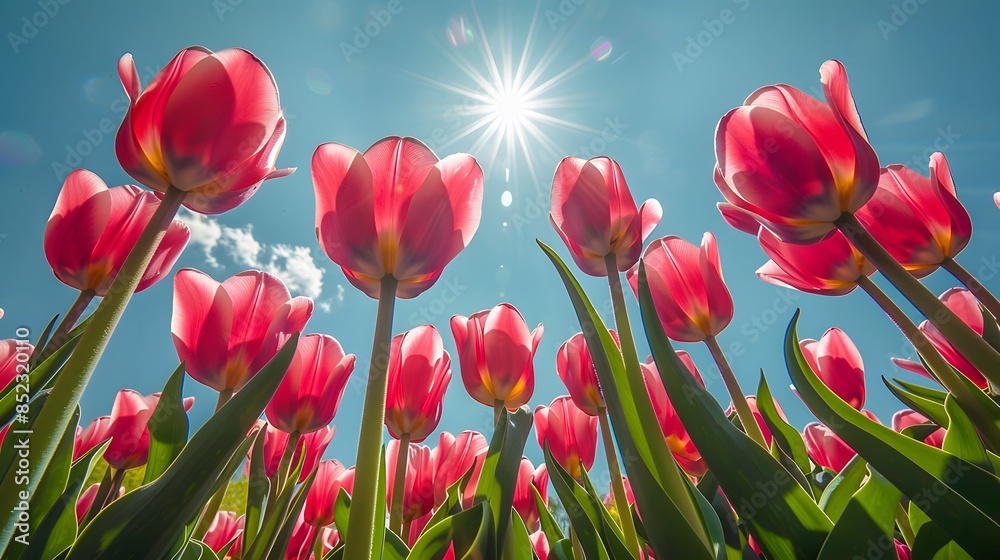 Red tulips in the sun, sky background, low angle view, wide shot, bright colors. Red tulips in the sun, sky background, low angle view, wide shot, bright colors.