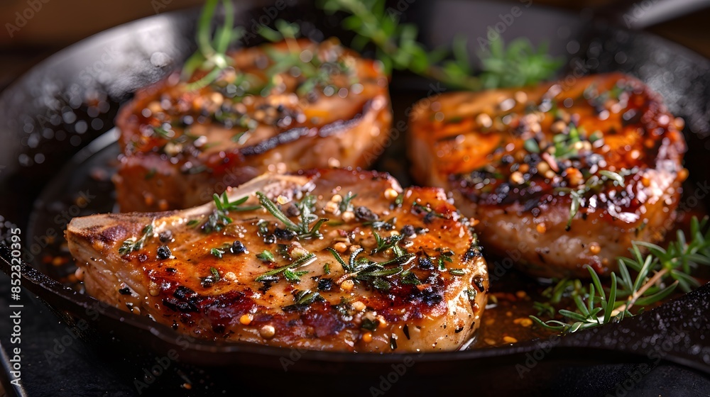 Sizzling cast iron skillets, perfectly seared pork Chops with rosemary and thyme garnish. This visual representation captures a moment in cooking, your journey through sumptuous food photography. Sizzling cast iron skillets, perfectly seared pork Chops with rosemary and thyme garnish. This visual representation captures a moment in cooking, your journey through sumptuous food photography.