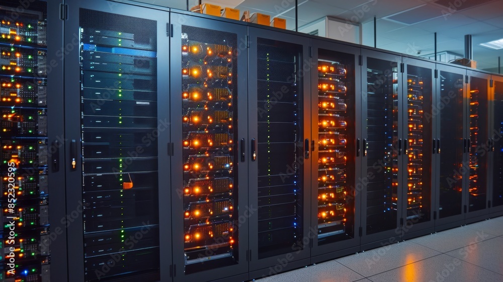 Data center racks filled with LED-illuminated servers in a futuristic facility Data center racks filled with LED-illuminated servers in a futuristic facility