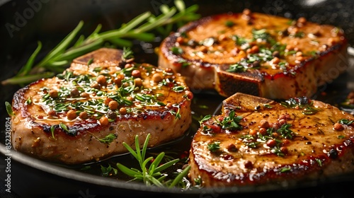 Sizzling cast iron skillets, perfectly seared pork Chops with rosemary and thyme garnish. This visual representation captures a moment in cooking,  your journey through sumptuous food photography. photo