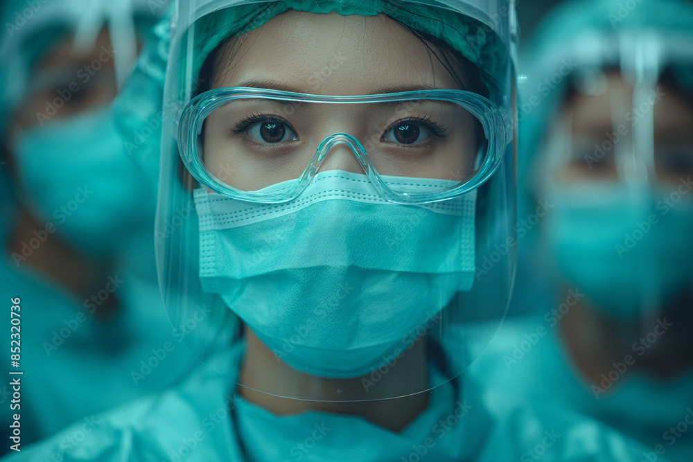 Portrait of surgical team wearing masks, doctor and nurses in a row Portrait of surgical team wearing masks, doctor and nurses in a row