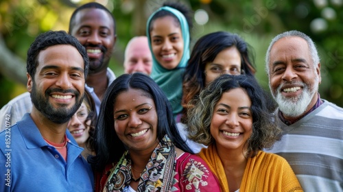 Diverse individuals beaming with joy in a park setting, showcasing cultural diversity, unity, and interpersonal connections.