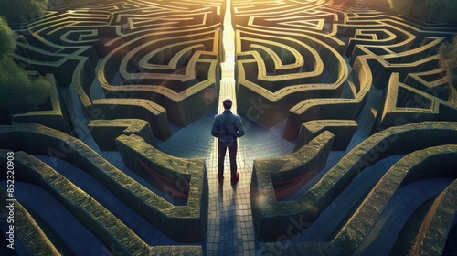 A man standing in the center of a complex maze