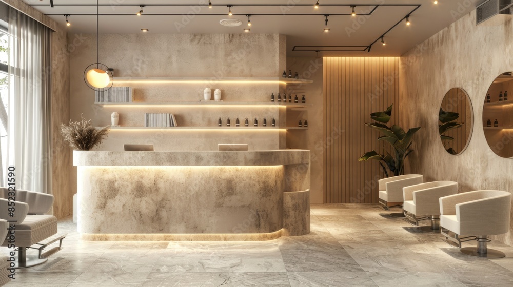Luxury hairdressing and beauty salon, Beige modern barbershop interior with reception desk Luxury hairdressing and beauty salon, Beige modern barbershop interior with reception desk