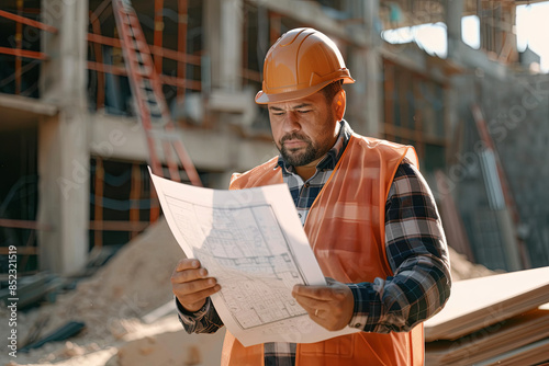 Male construction worker reading blueprints while engaged in work at site, signifying planning importance photo