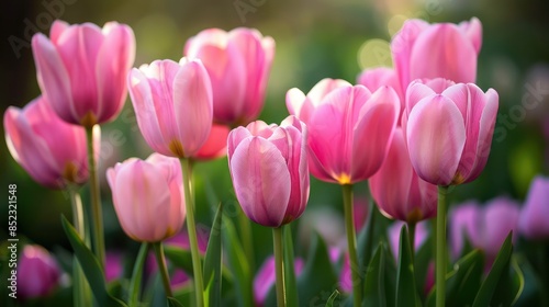 Pink tulips with delicate petals are highlighted by the soft sunlight, giving a soothing and peaceful vibe to the image