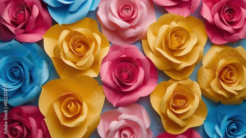 A top view of a collection of large paper roses in pink, blue, and yellow hues, artistically arranged