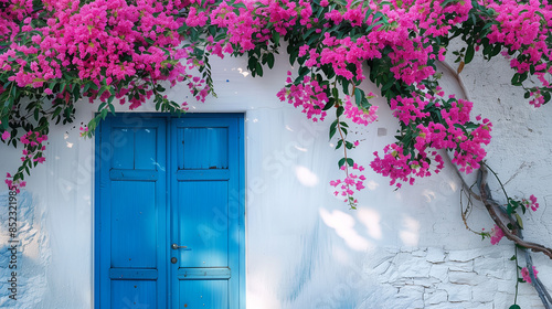 A blue door with a white trim sits in front of a tree with pink flowers. The door is open, inviting people to enter. The scene has a peaceful and welcoming atmosphere