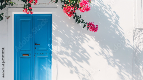 A blue door with a white trim sits in front of a tree with pink flowers. The door is open, inviting people to enter. The scene has a peaceful and welcoming atmosphere