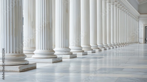 A perspective view of a series of white neoclassical columns lining a spacious corridor with tiled flooring