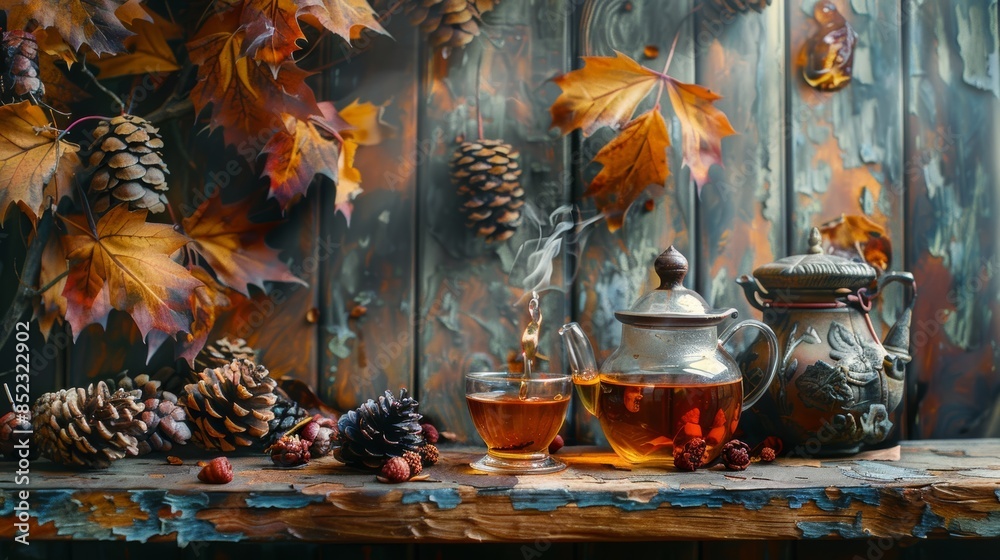 Autumnal Tea Time: A Cozy Setting with a Glass Teapot and Cup Autumnal Tea Time: A Cozy Setting with a Glass Teapot and Cup