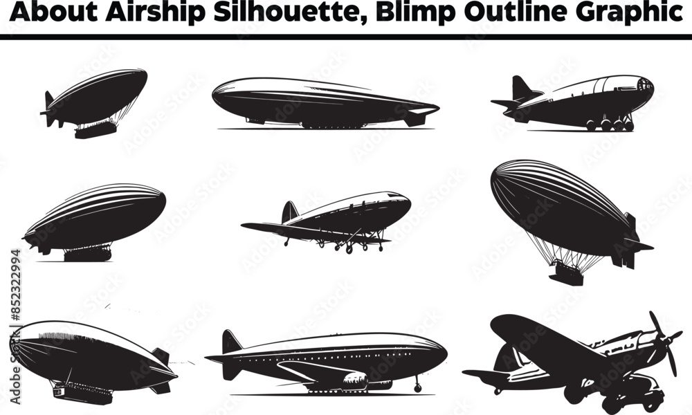 Fototapeta premium Black isolated silhouette Bundle on white background. Icon of side view of airship, Airship Silhouette Design