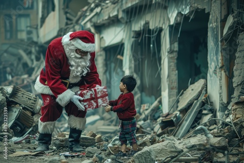 Santa Claus kneeling next to a little girl in a ruined city © Alexei