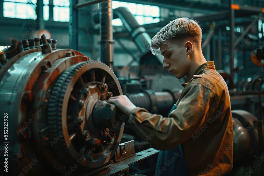 Side View of Young Man in Workwear Pushing Pedal of Mechanism
Side View of Young Man in Workwear Pushing Pedal of Mechanism