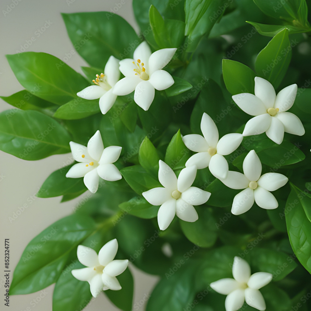 white flowers Jasminum with green leaves floral arrangement elegant flowers on white background white flowers Jasminum with green leaves floral arrangement elegant flowers on white background