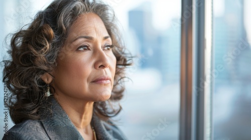 pensive hispanic businesswoman looking out office window from copy space Free Download pensive hispanic businesswoman looking out office window from copy space - GFXLoad