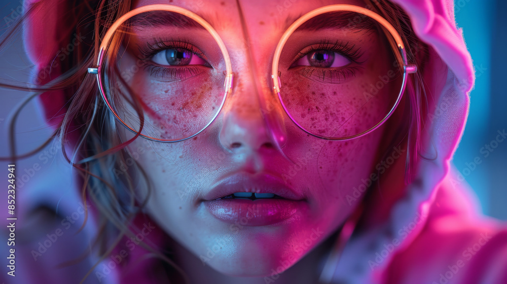 Neon close up portrait of young woman in round sunglasses and hoodie. Studio shot Neon close up portrait of young woman in round sunglasses and hoodie. Studio shot