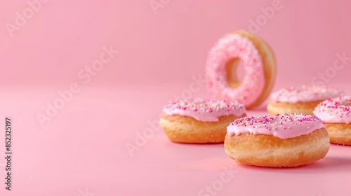 Delicious pink frosted donuts with sprinkles lie against a pastel pink background, evoking a sugary, playful vibe